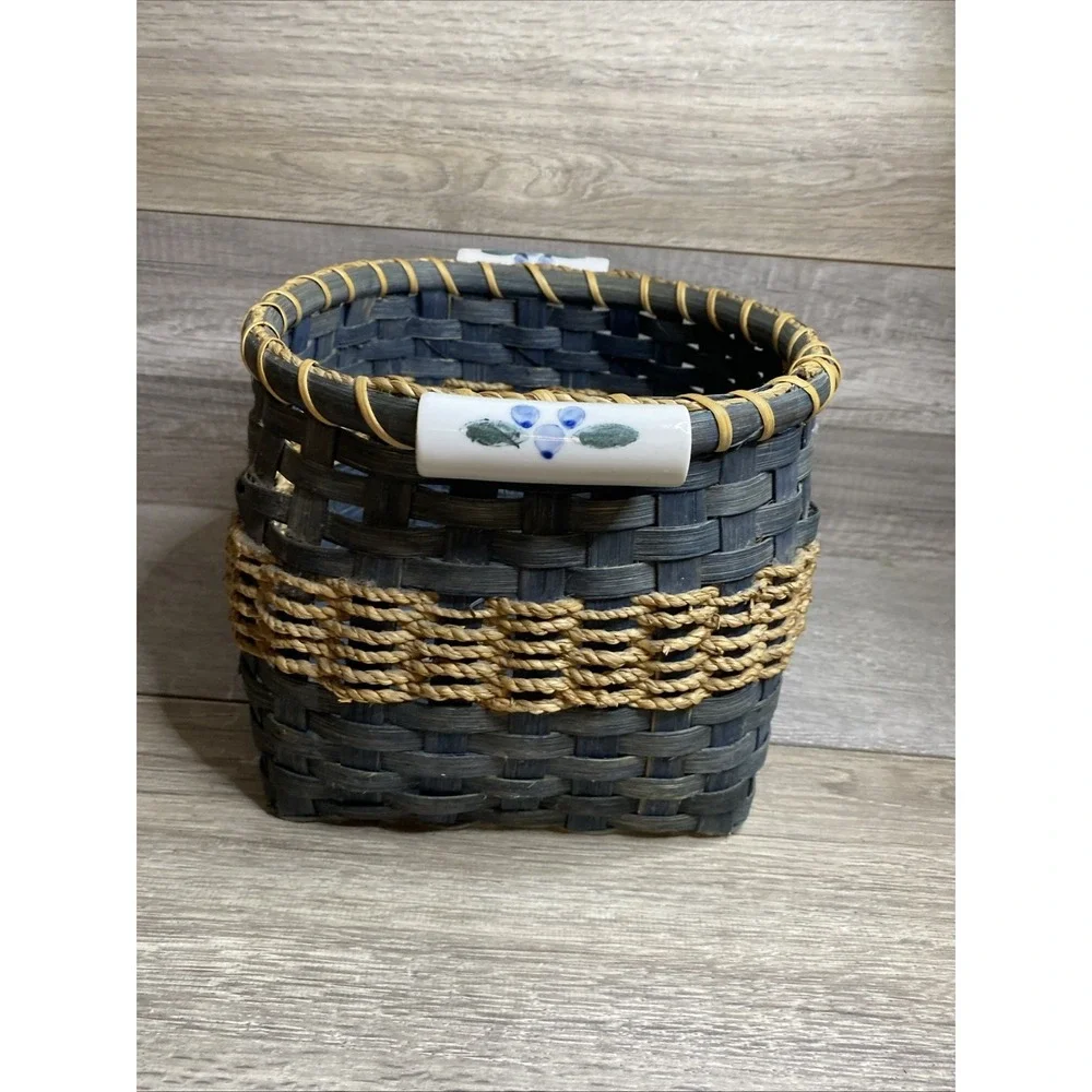 Vintage Bamboo Woven Basket Blue With Porcelain Handle